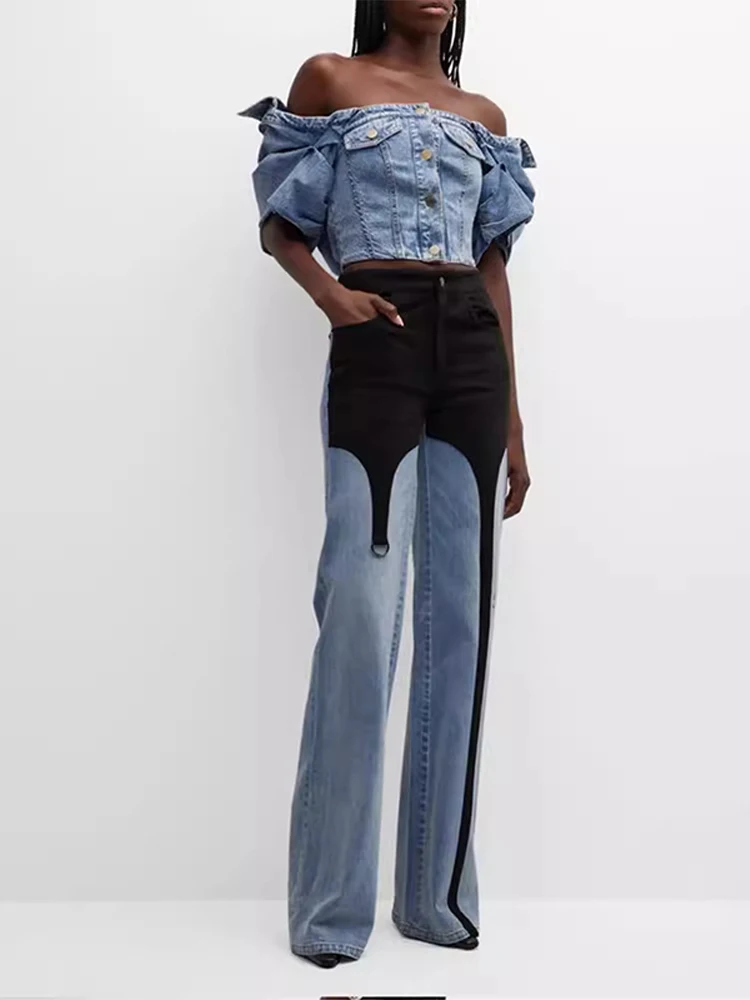 

Designer Two-tone Color-block Washed Jeans High Rise Straight Denim Pants Vintage Distressed Dragging 2025 Summer Hip Hop Pants