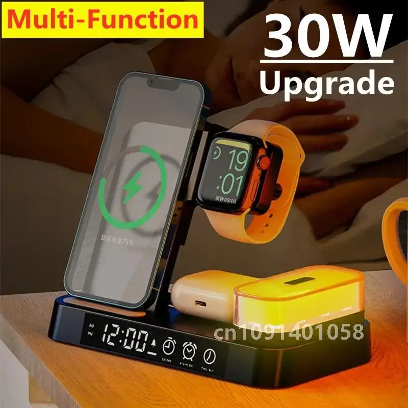 30W 3 In 1 Wireless Charger Stand Pad Alarm Clock Night Light Fast Charging Station Dock for iPhone Samsung Galaxy Watch IWatch