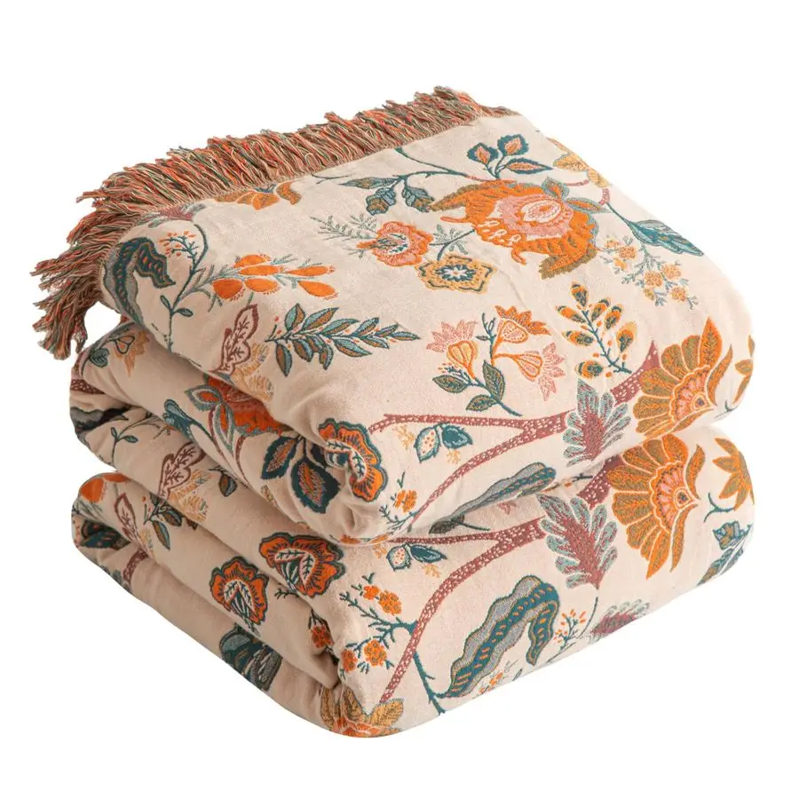 

Throw Blanket for Bed 60x80, 100 Cotton Woven Blanket for Couch Sofa, Ultra Soft 4Layer Muslin Quilt with Floral Printed