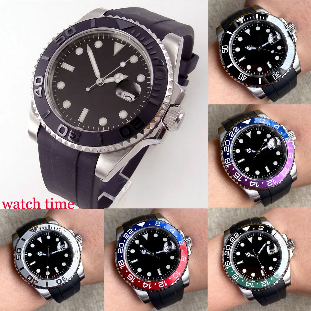 

NH35A/PT5000/Miyota8215 Movement Automatic Mens Watch 40mm Sapphire Crystal Black Dial Date Rubber Strap Luminous Rotating Bezel