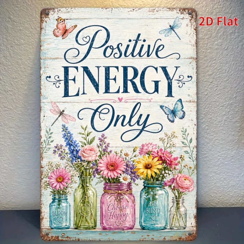 CIFBUY 2D Flat Vintage Floral Metal Sign Positive Energy Wall Art Aluminum Wall Art Waterproof Durable Farmhouse Butterfly Home