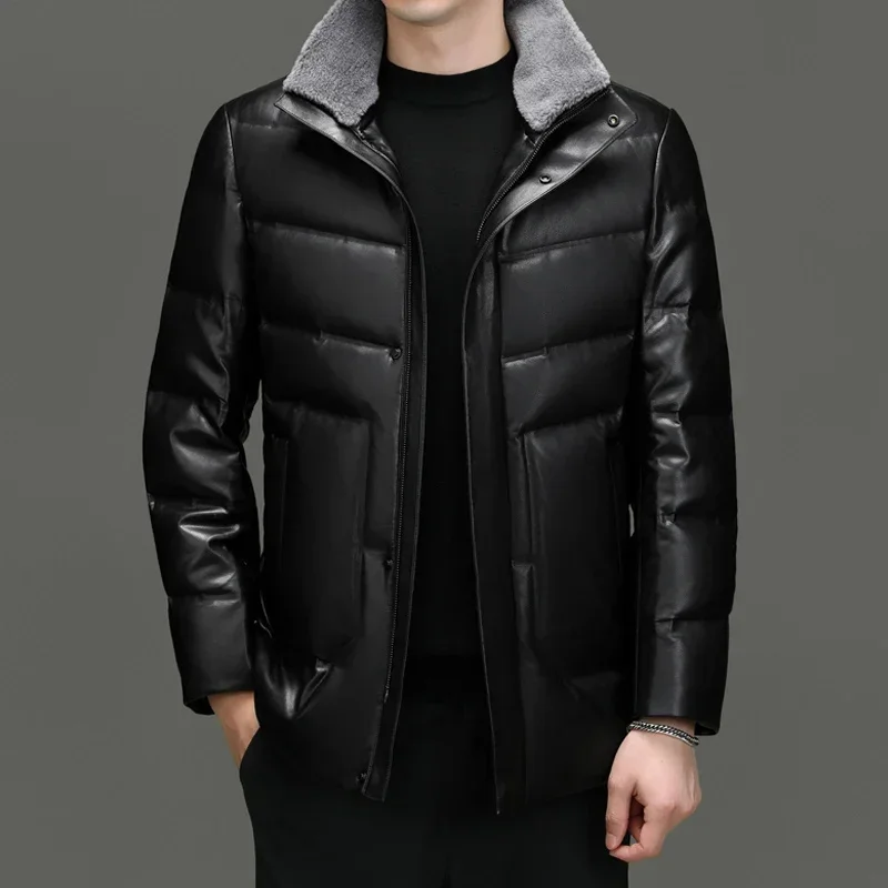 down Leather Feather Coat New Fashion Young Men's Jacket with Extra Thick Fur Collar Sheep Skin