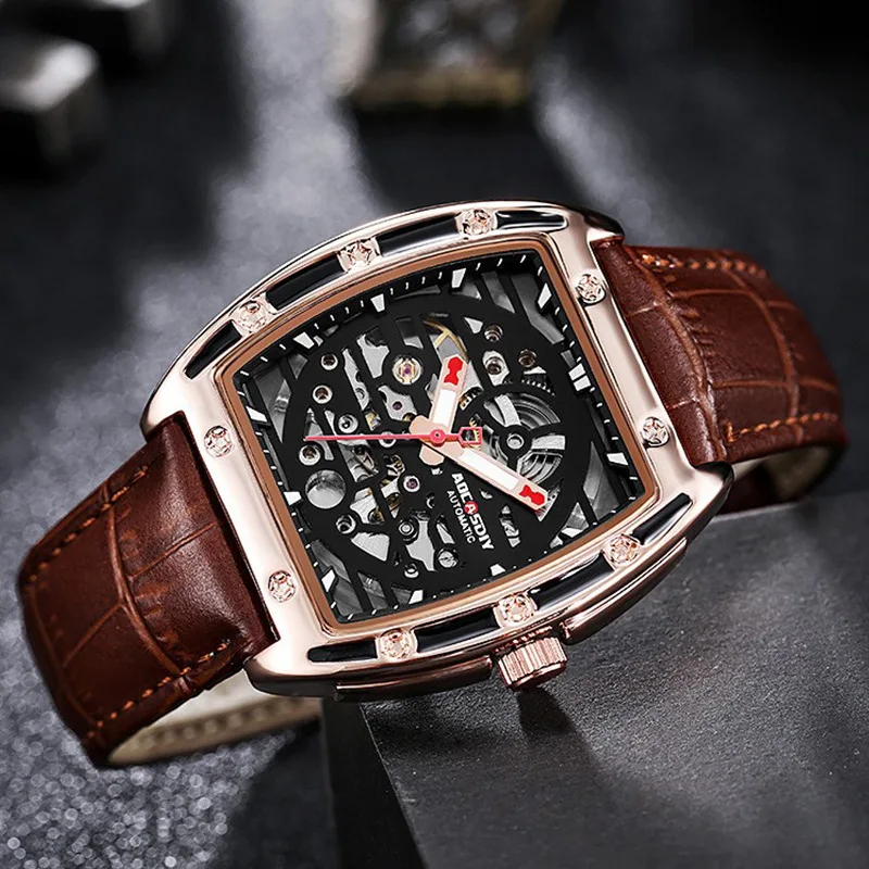 AOCASDIY watch trend double-sided hollow automatic mechanical watch genuine leather men's watch luminous waterproof men's **