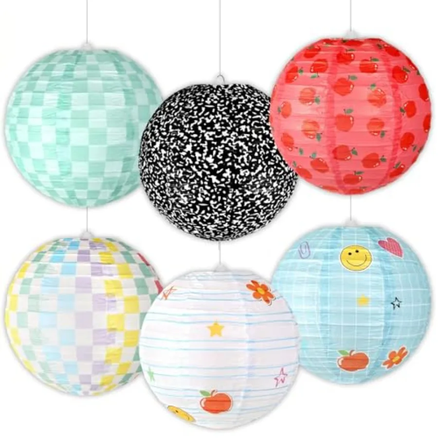 6 PCS Composition Notebook Classroom Hanging Paper Lanterns Back to School Party Decorations Pastel Checkered Pencil Apple Ceil