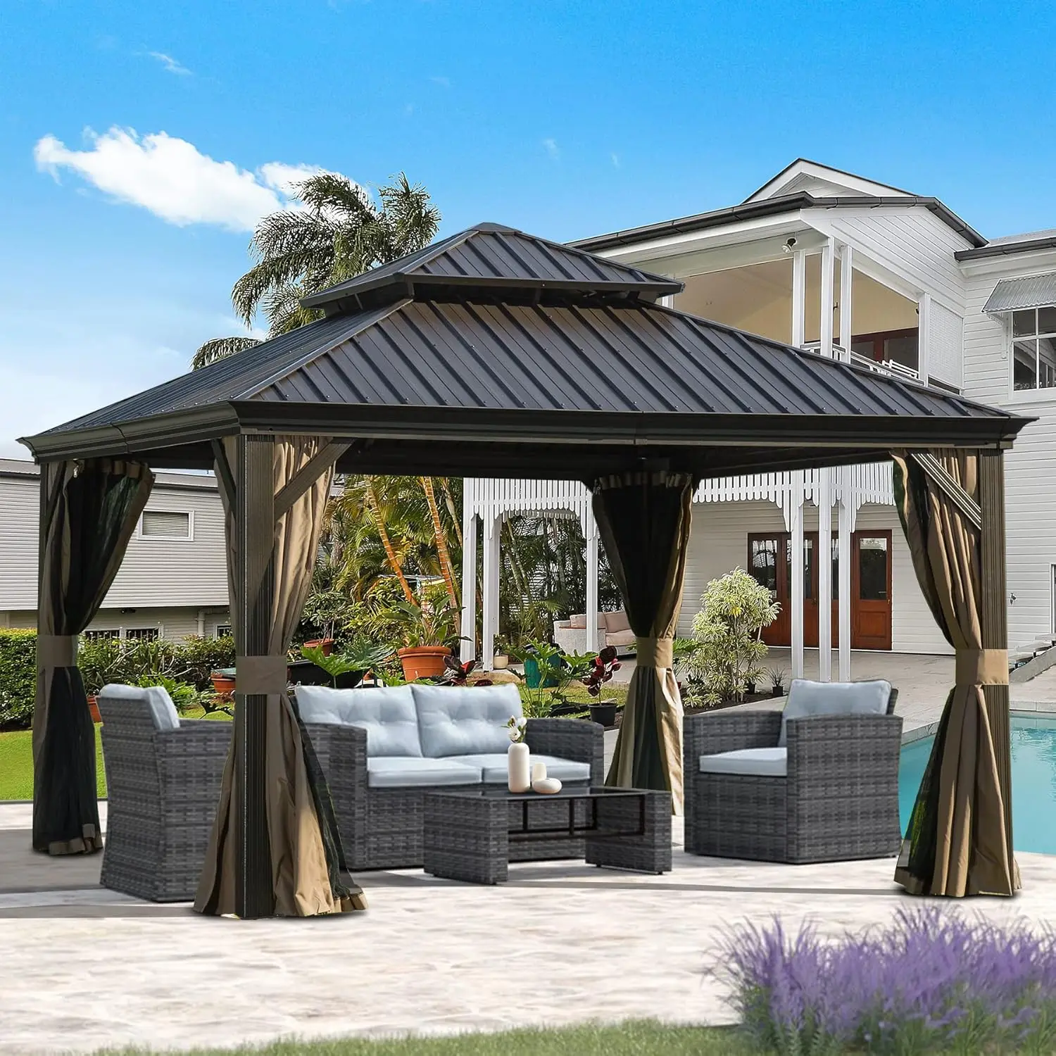 

Domi Outdoor Living 12’ X 12’ Hardtop Gazebo, Outdoor Aluminum Frame Canopy with Galvanized Steel Double Roof, Outdoor Permanent