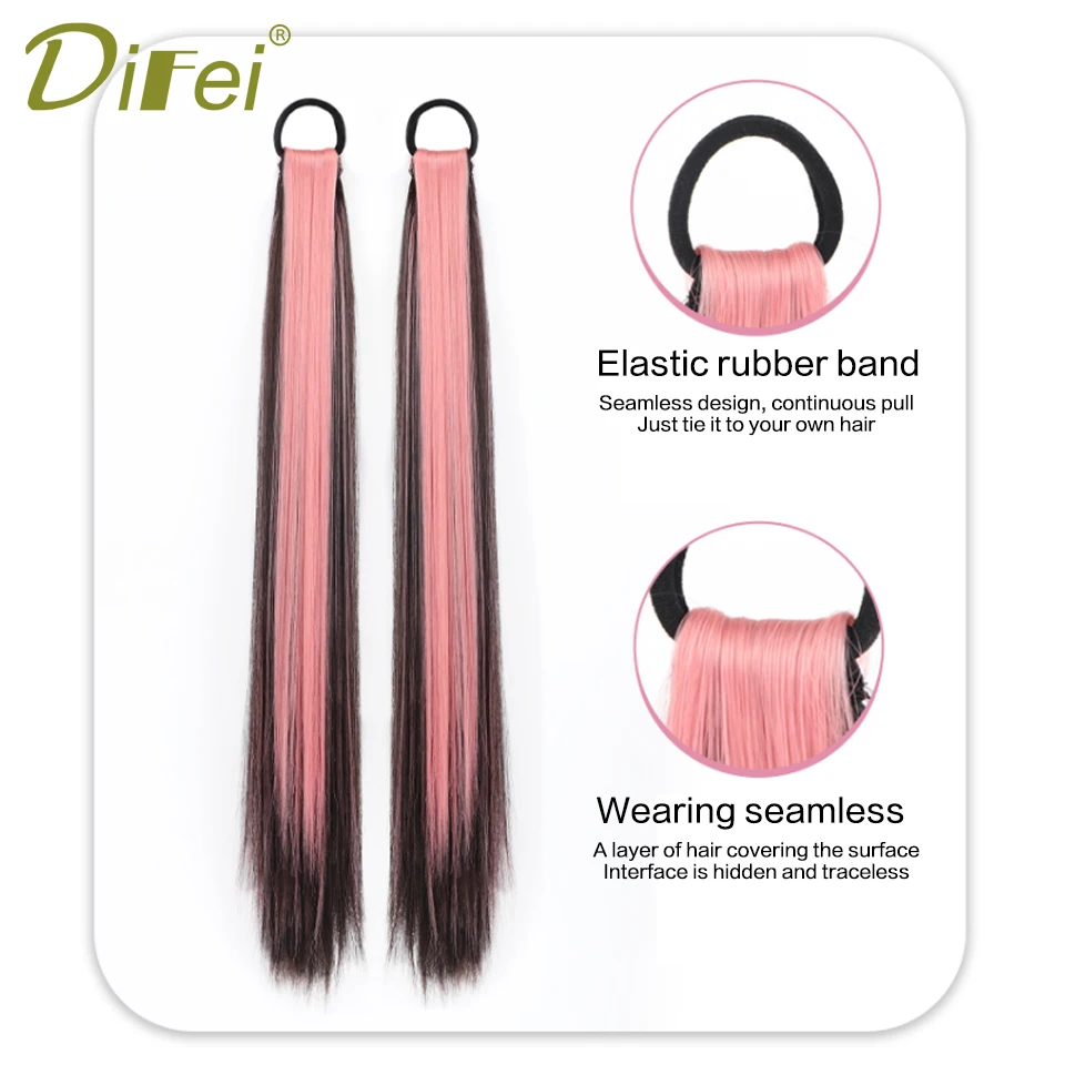 Synthetic Long Hair Strap Style Double Horsetail Vigorous Girl Fluffy And Binding Hair Wig Piece Highlight dyeing Double Horseta