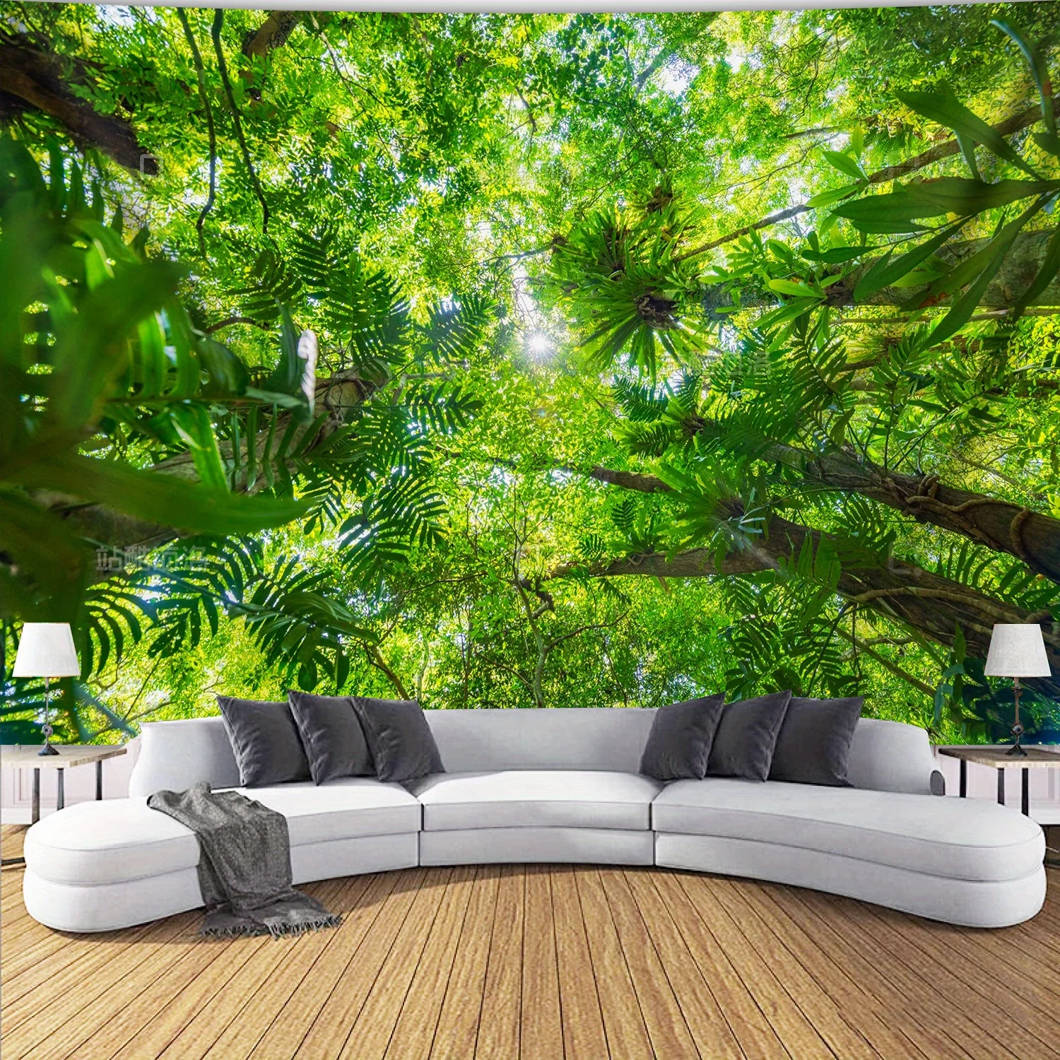 Jungle Canopy Tapestry Lush Green Tree Leaves Sunlight Through Forest Wall Hanging, Natural Rainforest Tapestry Bedroom Decor