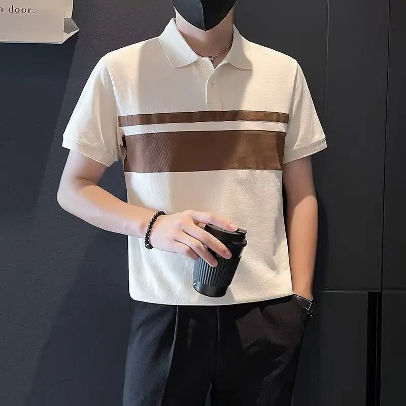 

Men's Color Block Collared Polo Shirt Summer Slim Fit Premium Patchwork Design Contemporary Style with Ice Silk Trousers
