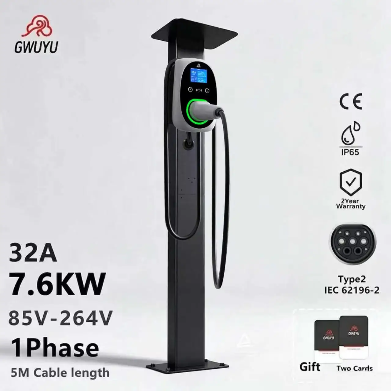 GWUYU Caricatore EV Wallbox 7KW 32A 1Fase Tipo2 Cavo 5M Stazione di Ricarica per Veicoli Elettrici con APP Smart RFID IP65 Impermeabile Spedizione FR