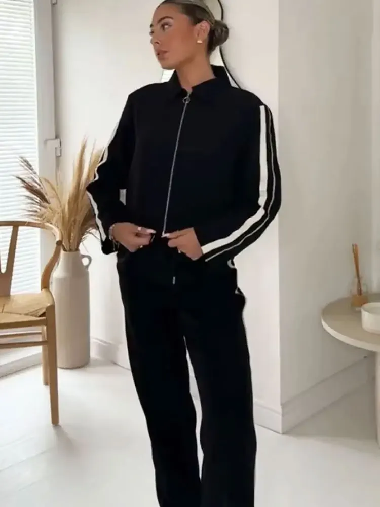 HH 2024 Female Street Trendy Trousers Suits Lapel Zipper Cropped Jackets+Elastic Waist Wide Leg Long Pants Causal Autumn Set