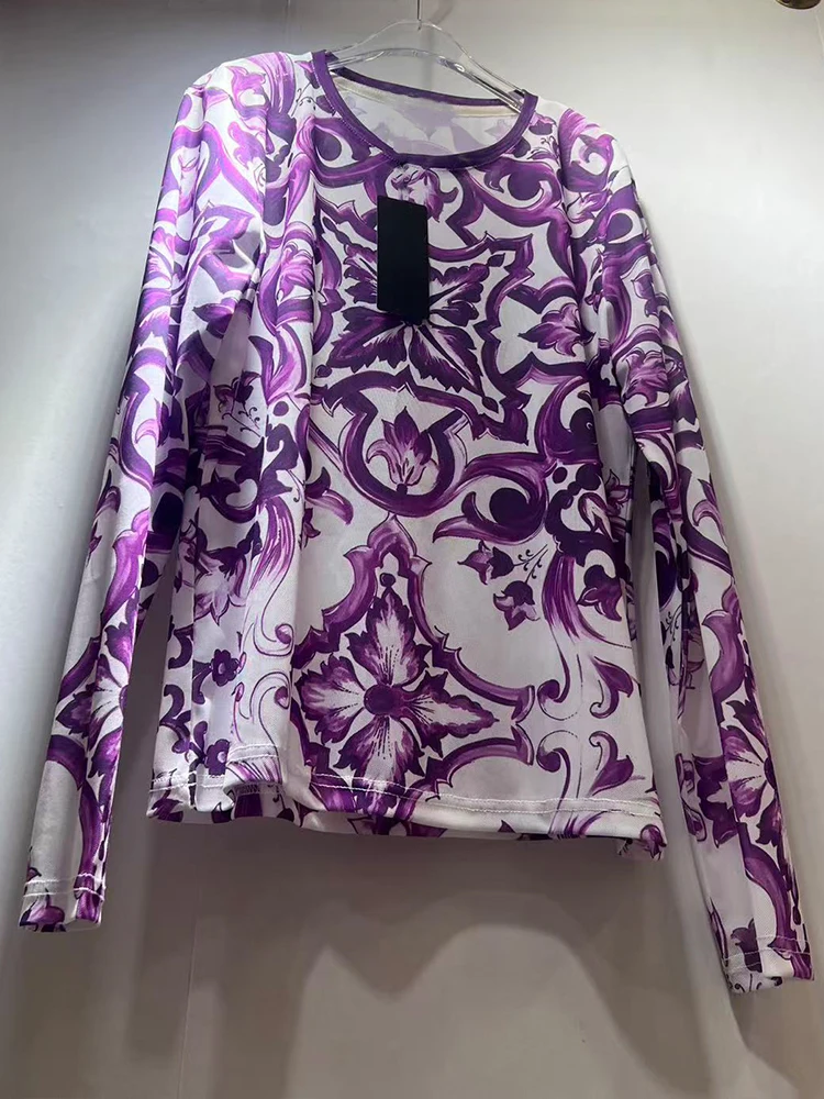 

Ретро-модный сетчатый пуловер с круглым вырезом и длинными рукавами, весна-лето 202, новая тонкая и универсальная блузка с принтом