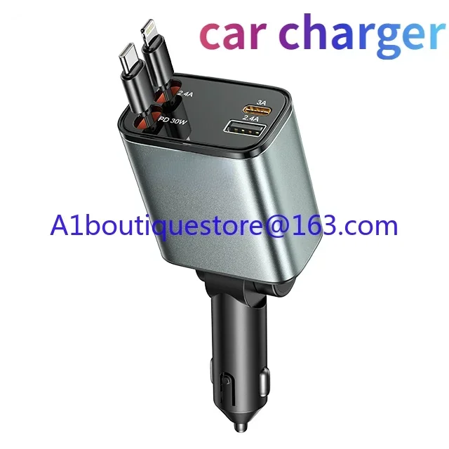 100W Car Charger 4 in 1 Retractable USB Type C Cable Fast Charging Cable Cigarette Lighter Suitable for iPhone/Xiaomi/Samsung