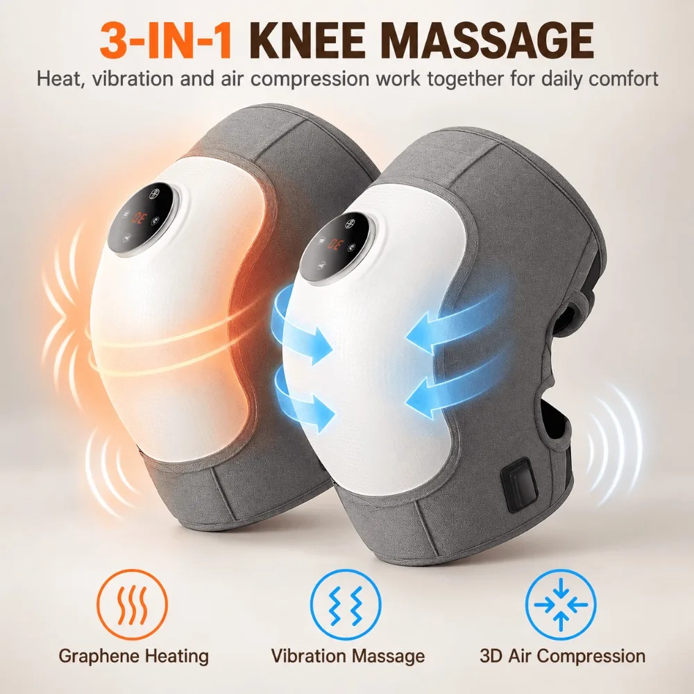 Smart Knee Massager, Electric Heating Vibration Air Compression, 5000mAh Cordless Design, 5 Timer Settings for Home Office Gift