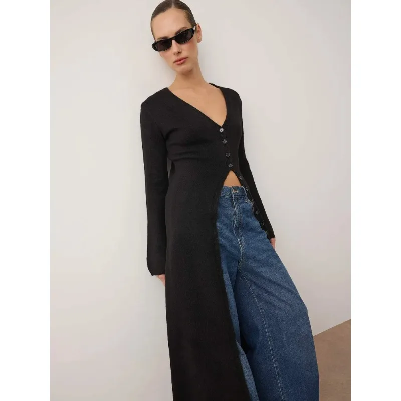 

Повседневный черный вязаный кардиган с V-образным вырезом для женщин, модный, с длинными рукавами, на одной пуговице, приталенный, длинный, для повседневной носки, в стиле Highstreet