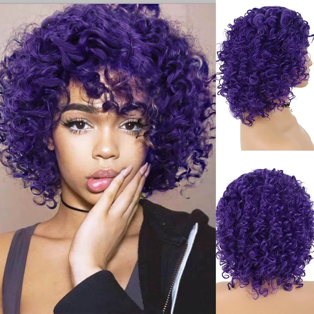 

GNIMEGIL Synthetic Afro Curly Wigs for Women Cosplay Purple Wig with Side Bangs Fake Hair Halloween Costume Wigs Carnival Party