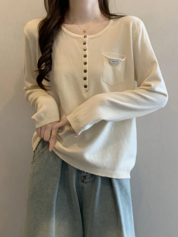 Women's Long Sleeve Knitted Base Shirt Spring Autumn plus Size Conceals Belly European Style Shoulder Top Inner Wear T-shirt