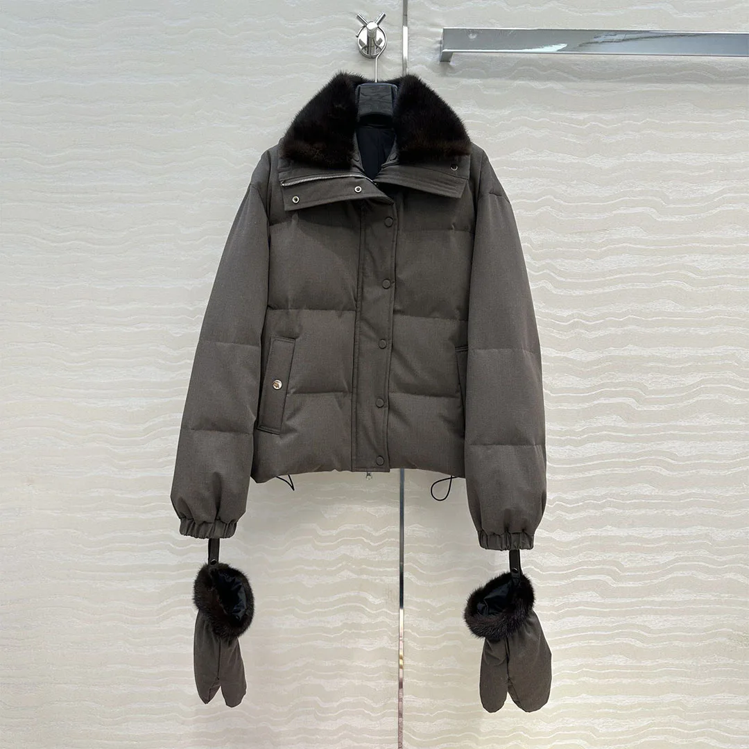 Neue Winter Luxus Nerz Pelz Kragen Patchwork Dicke 160g Weiße Gans Unten Jacke Frauen Mit Handschuhe Alte Geld Stil casual Mantel