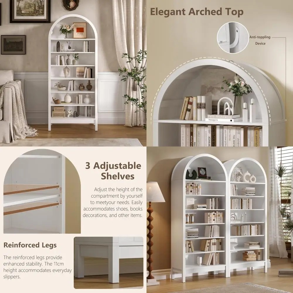 خزانة كتب مقوسة بطول 70 بوصة على طراز المزرعة الحديثة مع أرفف قابلة للتعديل لحل تخزين المدخل في غرفة المعيشة