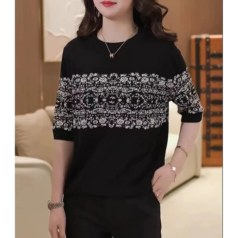 Women\'s Clothing Fashion Jacquard Short Sleeve Thin Knitted T-shirts 2024 Spring Summer Ladies Casual O Neck Loose Pullover Tops