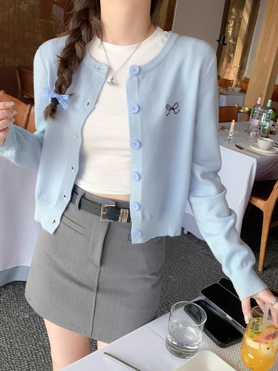 

Cute Bow-Tie Embroidery Button-down Cardigan For Women Spring Autumn Blue Gray White Red Pink Cardigan Korean Short Sweater Top
