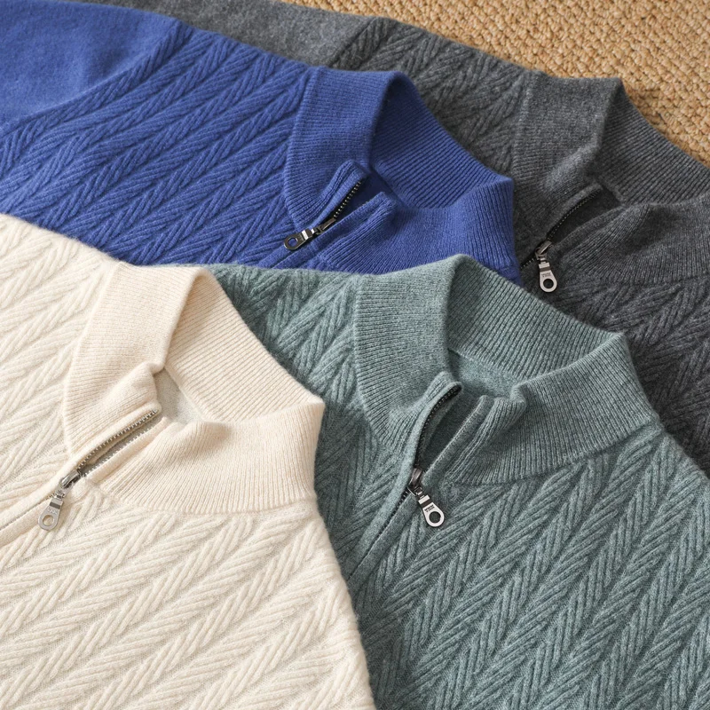 Men\'s New Autumn And Winter Top 100% Merino Wool Knit Sweater With Zipper Stand Up Collar And Wheat Grain Pattern Cardigan
