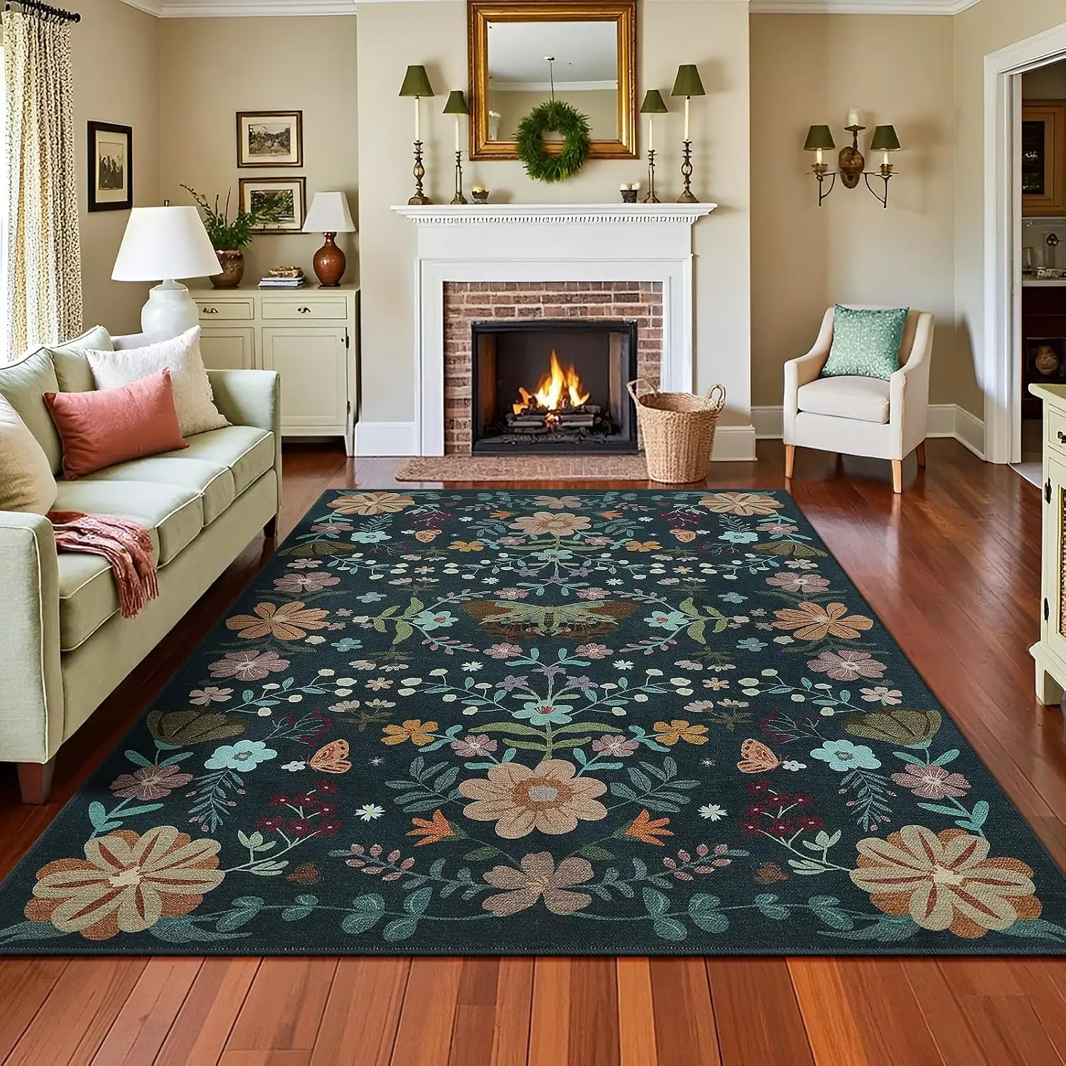Dark Green Floral Area Rug, Boho Machine Washable Carpet, Non-Slip Ultra-Thin Mat for Living Room Bedroom Dining Room