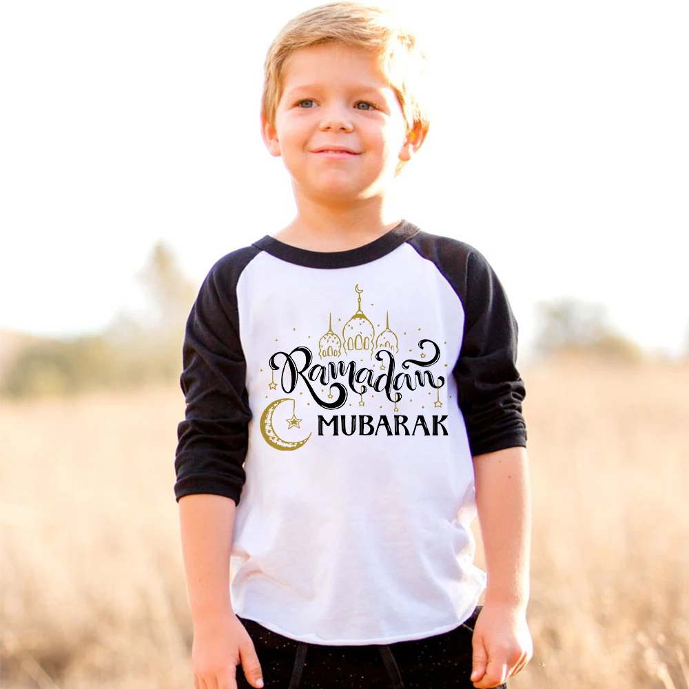 Ramadan Mubarak Print Kids T Shirt Boy Girl Raglan T-shirt Eid Ramadan Children Clothes Long Sleeve Islamic Muslim Outfit Tops