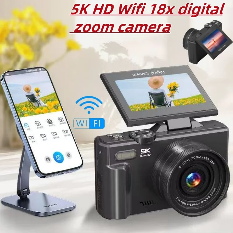 

5K 3-inch WIFI Digital Camera 18x Zoom Beauty High-Definition 75 Million Pixels 180°Flipable Screen Vintage Vlog Video Recorder