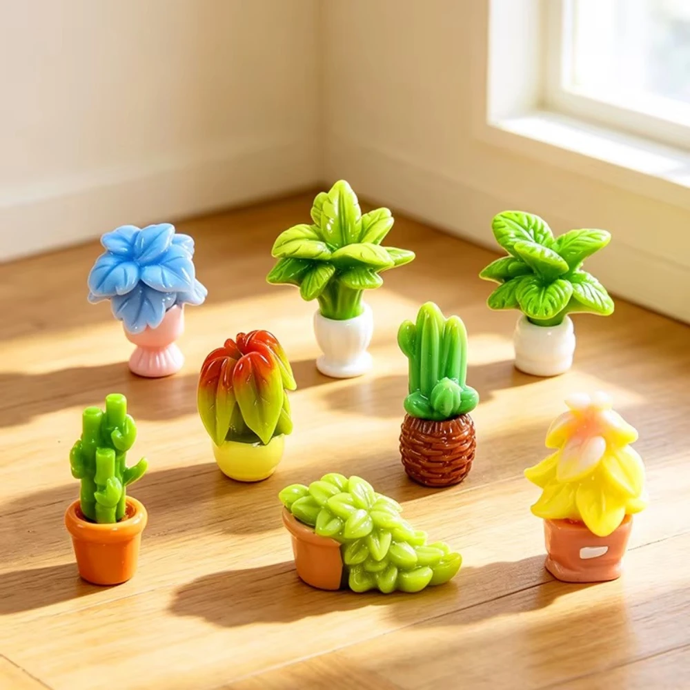 8 Styles Mini Potted Plant Resin Charms Cactus Bamboo Begonia Bird of Paradise Dollhouse DIY Decor
