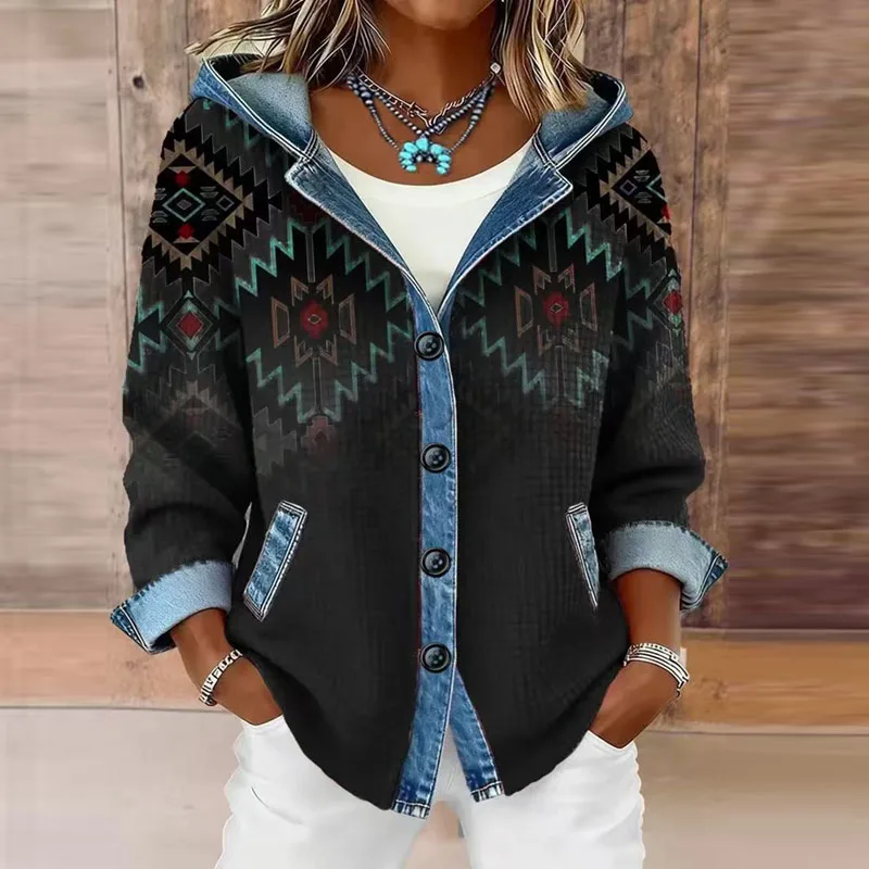 Y2K 의류 후드티 새로운 체크무늬 프린트 후드 스웨트셔츠 여성 레트로 패치워크 버튼 탑 가디건 가을 긴팔 코트 재킷