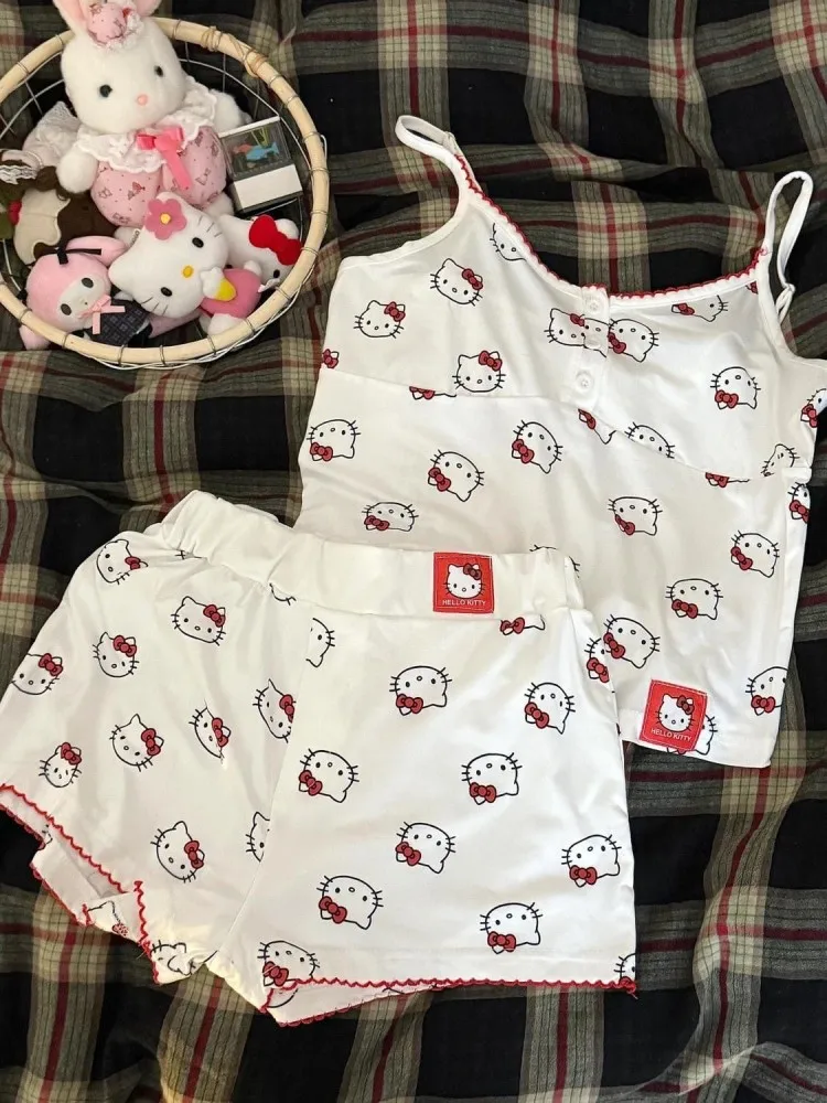 Women's Pajamas Sanrio Hello Kitty Comfort Vest And Shorts Set Anime Cute Girl Casual Suit Home Wear Seaside Vacation Clothes