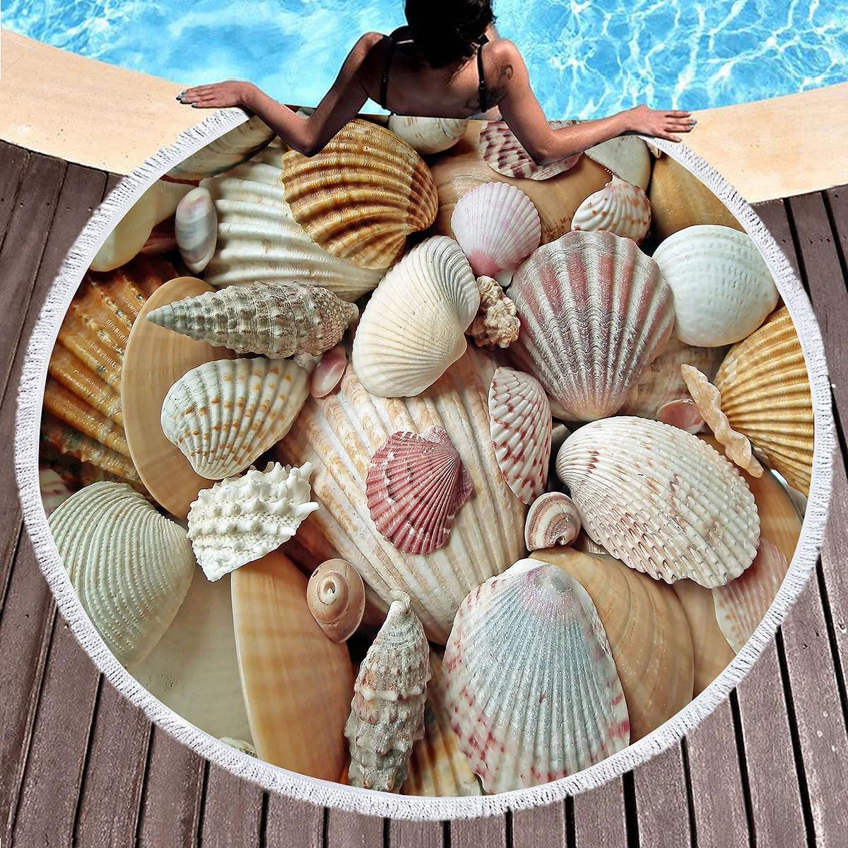 Seashell Starfish Print Round Beach Towel Microfiber Absorbent Quick Dry Circle Beach Blanket for Pool Camping Travel Bathroom