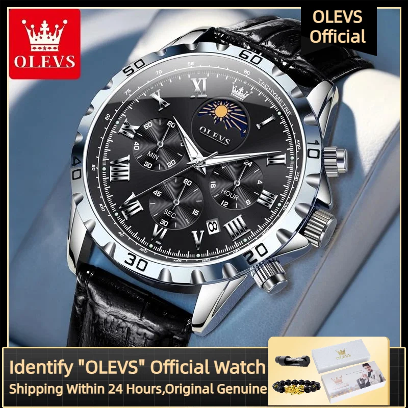 OLEVS jam tangan multifungsi pria, arloji kuarsa merek TOP alendar, pita kulit kronograf 24 jam hari 2024