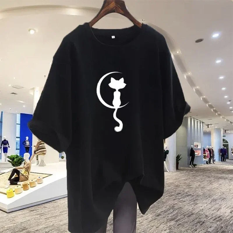 2024 New Fashion Curved Moon and Cat Shaped Cartoon Printed Pure Cotton Crew Neck Short Sleeve T-shirt Lady Loose Basics Top Tee