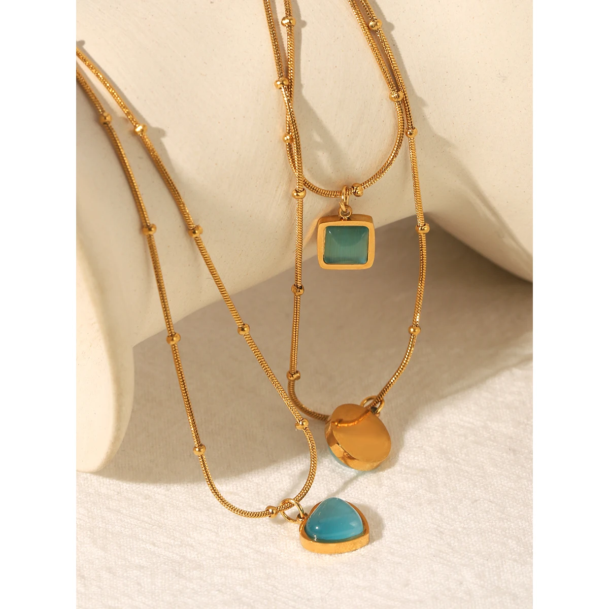 

Stainless Steel Gold Plated Dainty Cat's Eye Stone Statement Necklace Waterproof Hypoallergenic No Fade for Evening Party Wear