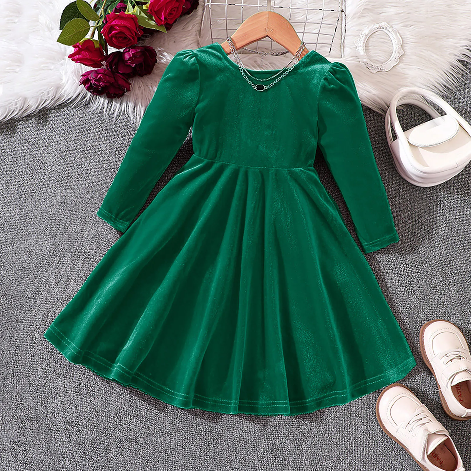 Kids Girls Christmas Dress Toddler Baby XMAS Clothes Long Sleeves Velvet A-Line Party Dress Bowknot Fall Winter Princess Dress