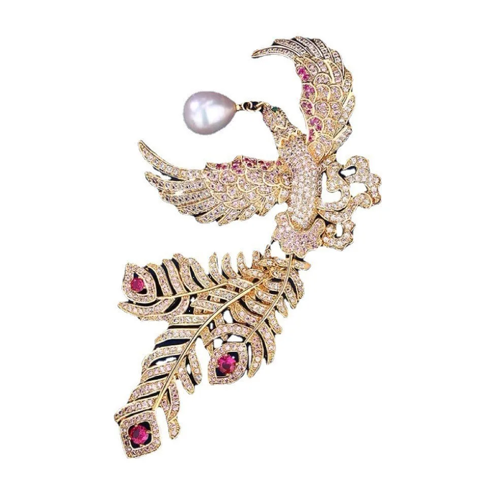 

Auspicious Large Phoenix Brooch,Natural Pearls & Heavy Duty Metal Pin, Elegant Banquet Gift