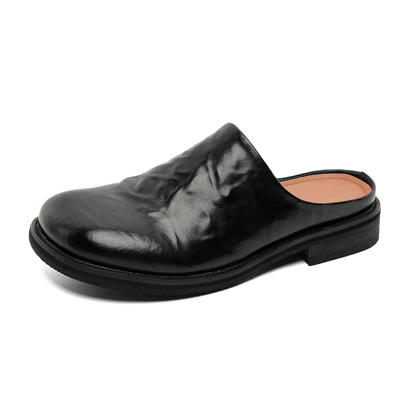 Leather Half Shoes for Men Mules Large Size 45 46 Semi-Drag Loafers Slippers Open-back Casual Shoes Slides Sandal Slip On Flats
