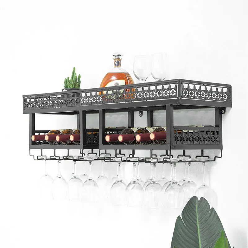 2 Tier Wall Mounted Wine Rack Metal Stemware Glass Storage Hanging Rack Cabinet