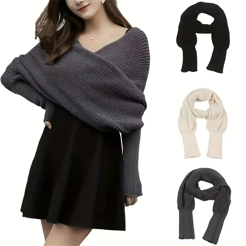 Solid Color Knit Shawl With Long Sleeves Elegant Soft Warm Short Top Autumn Winter Coldproof Elastic Wrap Scarf