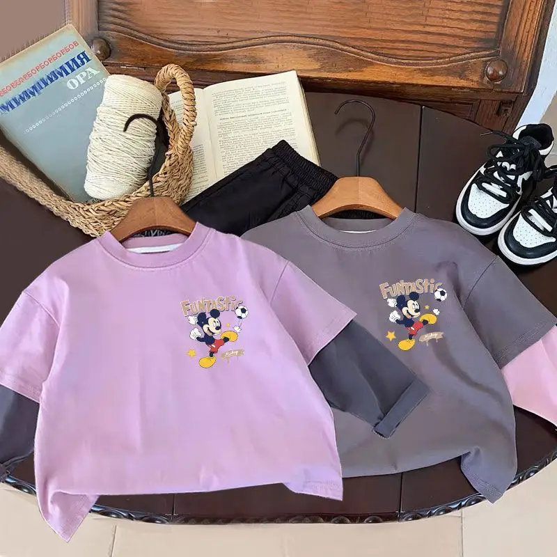 Disney Series Mickey เด็กฤดูใบไม้ผลิและฤดูใบไม้ร่วงนุ่มสบายแฟชั่นการ์ตูนสบายๆน่ารักผ้าฝ้ายปลอมชุดสองชิ้น