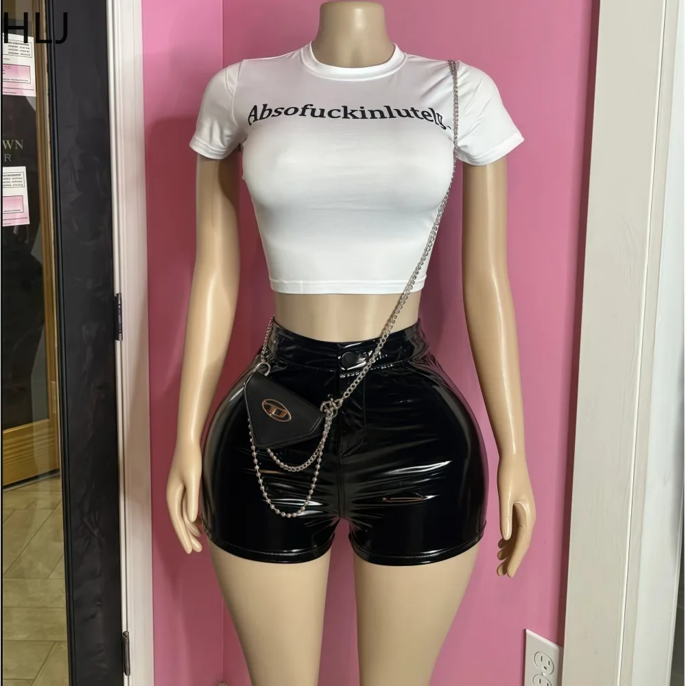 HLJ Y2k Fashion Letter Print Woman 2 Piece Set Outfit Gothic Hip Hop White Slim Crop Top + Leather Shorts Suit Female Streetwear