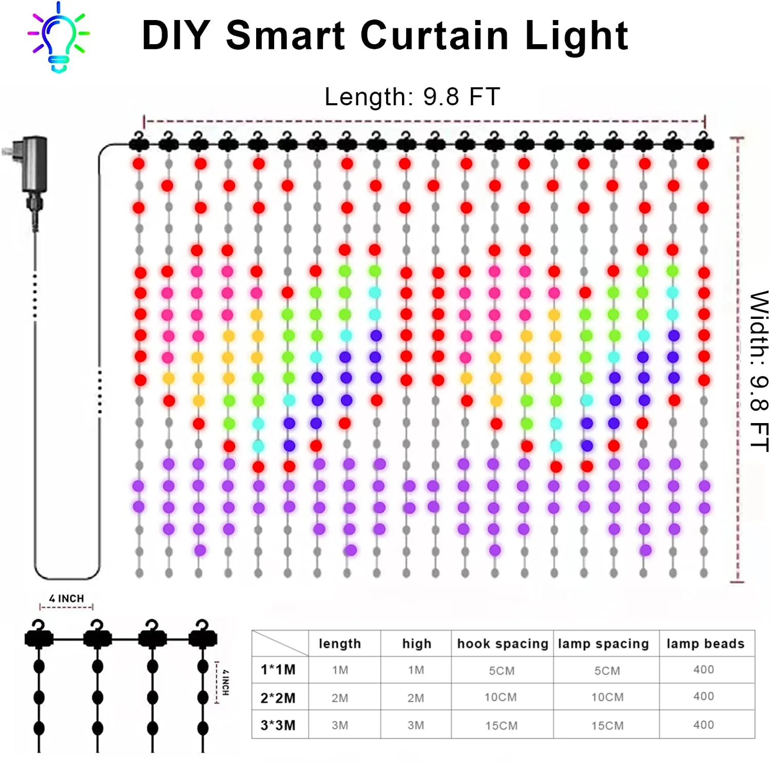 Cortina de luces LED RGB con Control por aplicación inteligente, guirnalda de hadas para ventana, dormitorio, decoración de Navidad al aire libre