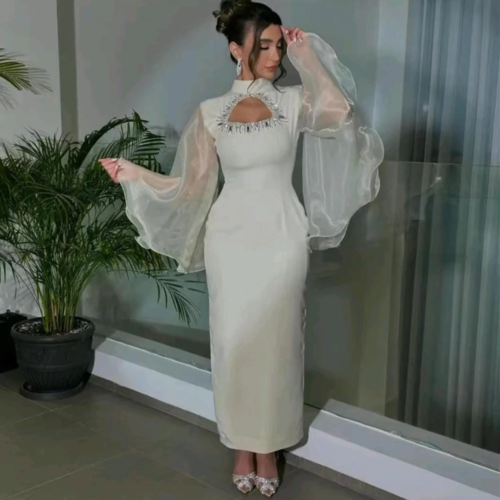 

Charming High Neck Sheath Evening Dress Flare Long Sleeve Women Customized Jersey with Beaded Crystal Ankle Length Occasion Gown