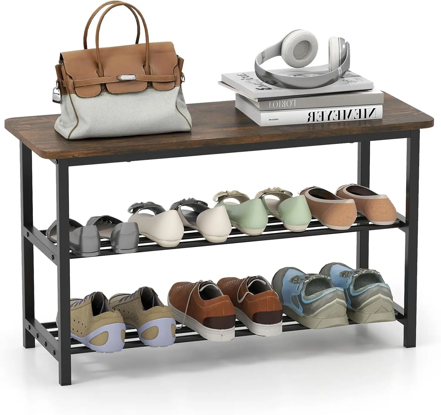 

32" L 3-Tier Shoe Bench Metal Slat Shelves Integrated Seat for Front Door Hallway Bedroom Living Room Organizer