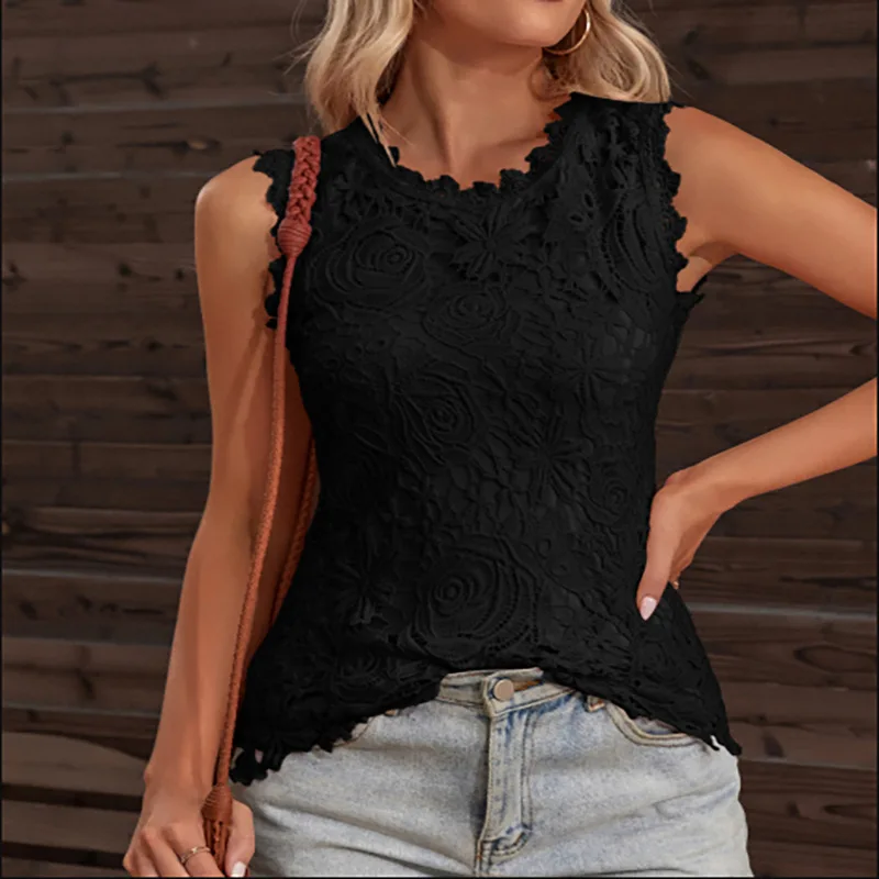 Summer Sleeveless Women Blouses Fashion Lace Casual Vintage Floral Vest Elegant Sexy Top Flower Embroidery Shirt