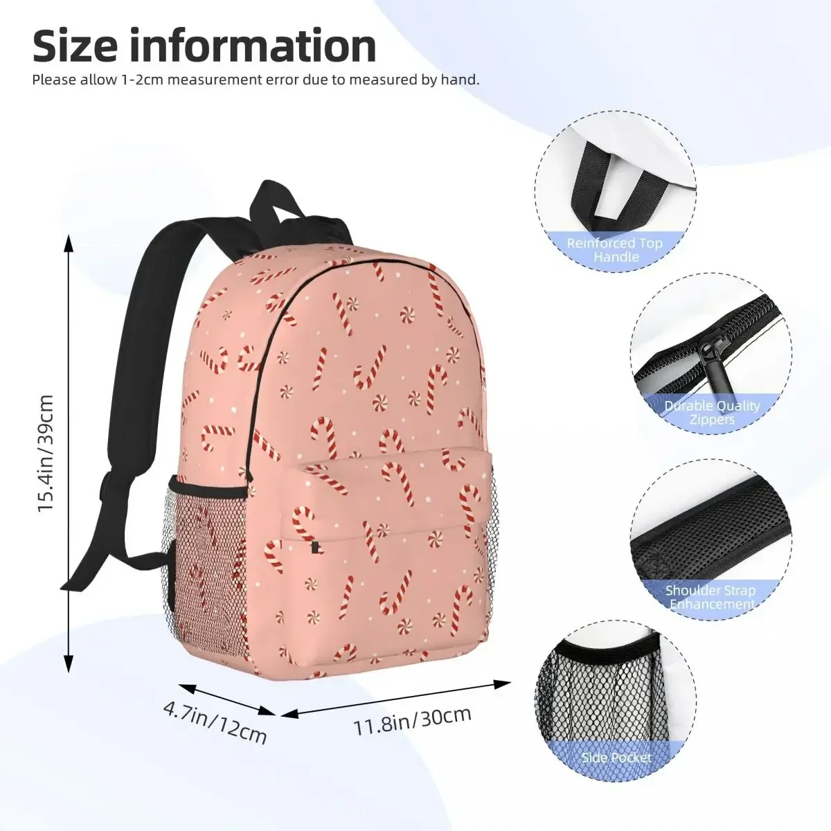 Cartoon Candy Cane And Peppermint Swirls Backpack Hot Sale Daypack Boys Girls BookBag Shoulder Bags for Men Women School Bag