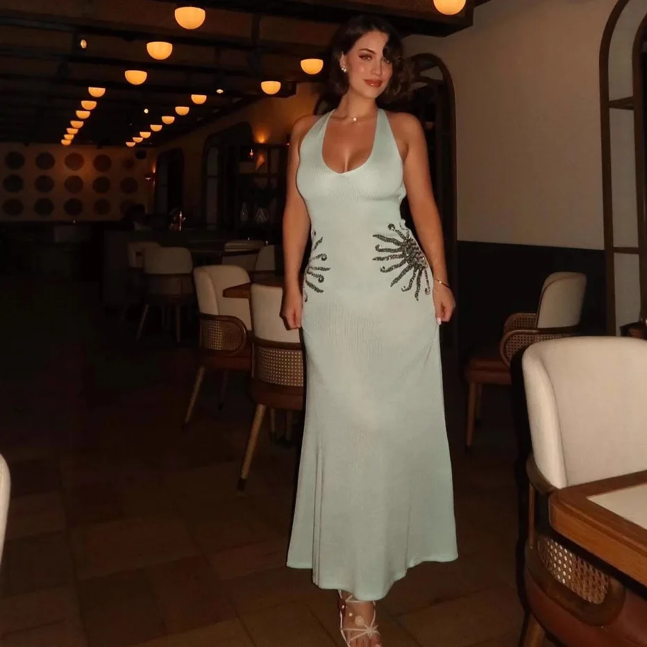 타르시 딥 V넥 백리스 맥시 드레스 여성 섹시 시퀸 슬링 니트 드레스 우아한 여성 여름 휴가 비치웨어 드레스