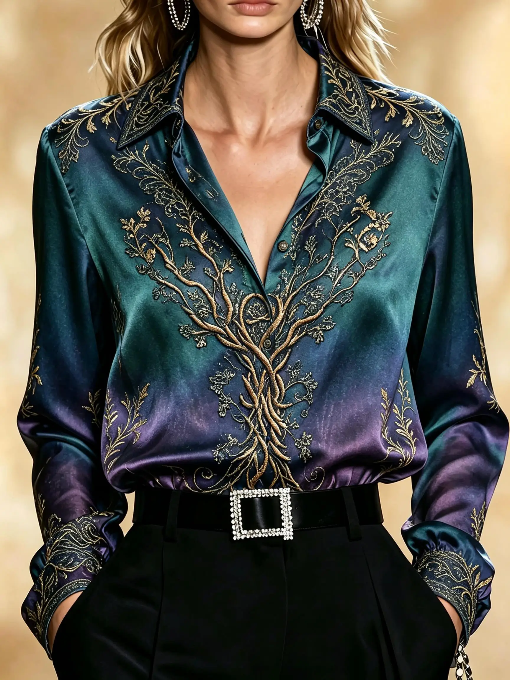 Women Long Sleeve Button‑Up Shirt Vintage Boho Floral Skull Paisley Print Turn‑Down Collar Satin Blouse Tops view 5