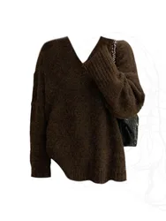 American Vintage Maillard Brown V-Neck Sweaters Women Korean Knitted Oversize Pullover Casual Loose Jumper New Trend High Street